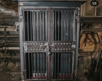 Luxury Industrial Jail Style Whiskey Cabinet - Heavy solid steel construction.– Double Door Riveted Iron Bar – Handmade in Italy –