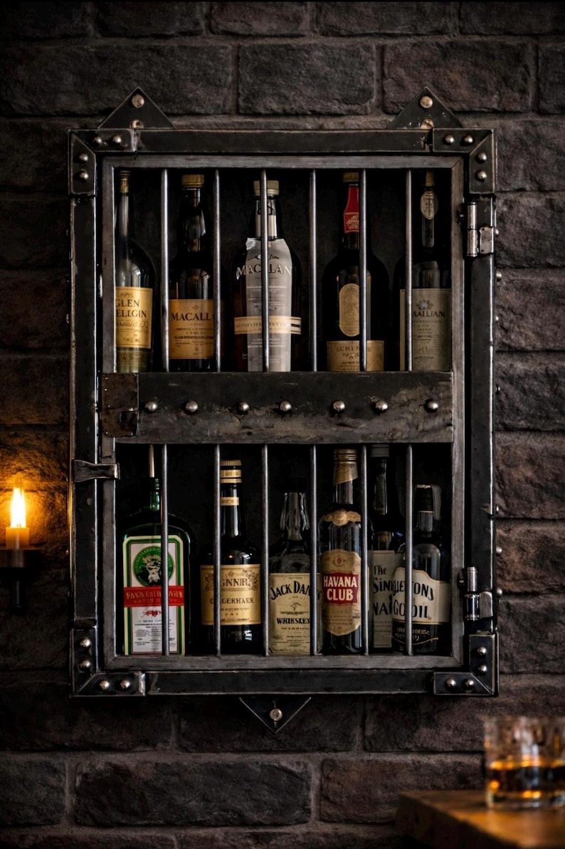 Industrial Whiskey Cabinet – Handmade Steel Bar Cabinet – Lockable Liquor Display – Made in Italy – Ready to Ship image 2