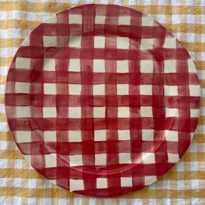 Handgemaakte organische steengoed keramische diner plaat-rode en witte Buffalo Plaid afbeelding 3