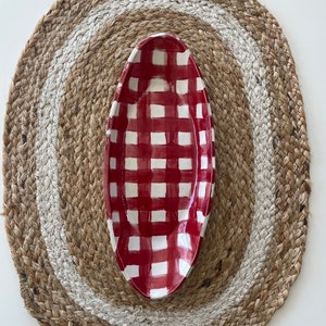 Handmade Organic Stoneware Ceramic Server Platter- Red and White Buffalo Plaid Active