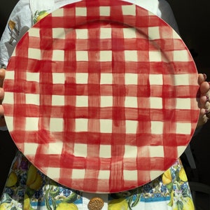 Handgemaakte organische steengoed keramische diner plaat-rode en witte Buffalo Plaid afbeelding 2