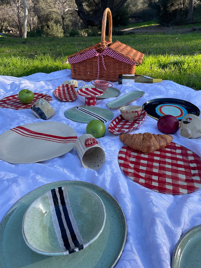 Handgemaakte organische steengoed keramische diner plaat-rode en witte Buffalo Plaid afbeelding 5