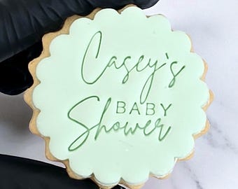 Sello y cortador de galletas de fondant personalizados para baby shower: tamaño M&S, sello personalizado, grabado en acrílico.