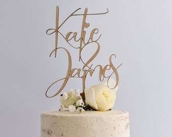 Personalized Wedding Cake Topper: Calligraphy Birch Wood Names