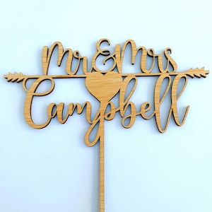 Personalized Mr & Mrs Wooden Wedding Cake Topper: Surname Calligraphy