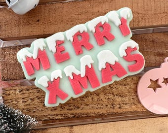 merry Xmas embosser acrylic fondant stamp and matching cutter combo Christmas cookie cutter