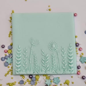 Op de afbeelding: Een lichtgroene vierkante fondant caketopper met een wit reliëf ontwerp van een veld met bloemen en gras.
