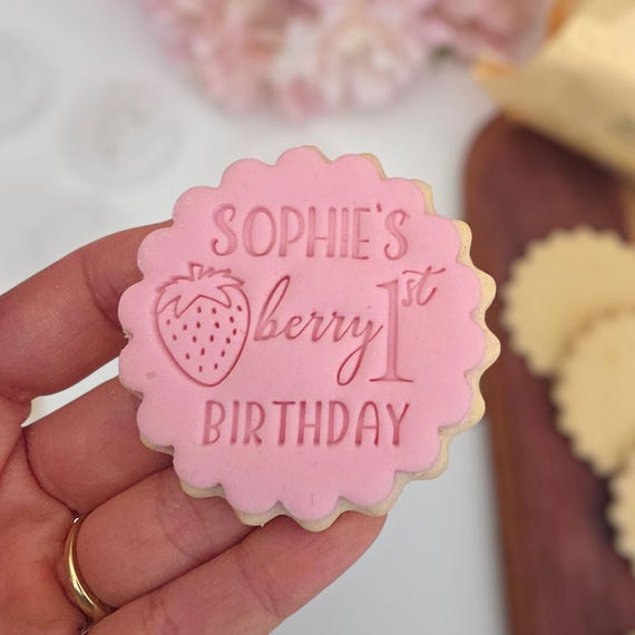 Customised strawberry berry sweet fondant stamp embosser custom personalised biscuit cookie cutter topper m and s m&s birthday party