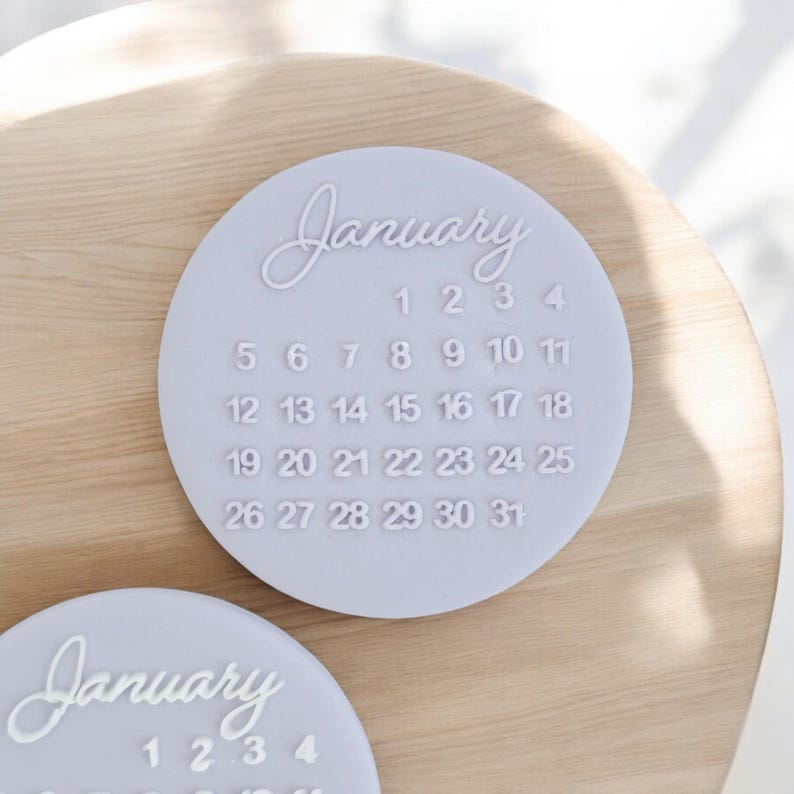 May include: Two round, light purple, silicone calendar coasters with the word "January" and the numbers 1 through 31 in white raised lettering.