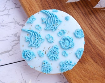 Bajo el sello de fondant de relieve marino, grabador acrílico para galletas, cupcakes y grabador de decoración de pasteles