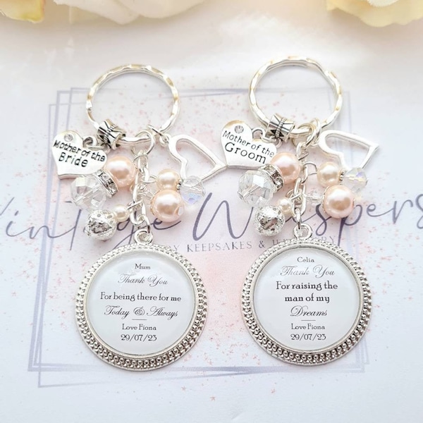 Personalised Mum Wedding Key Ring Mother of the Bride Mother of the Groom Thank You Wedding Gift Any Colour Beads Pendant Round Worded Verse