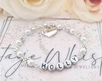 Pulsera ajustable con cuentas de nombre de niña de flores o dama de honor personalizada, pulsera de encanto de dama de honor, regalo de niña de flores, regalo de pulsera de boda