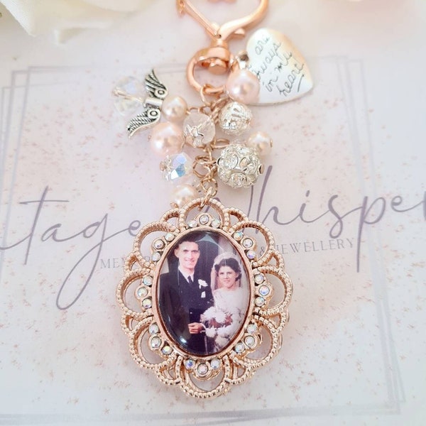 Rose Gold Double Sided Memorial Photo Lace Edge Bouquet Charm With Beaded Cluster, Memory Photo Wedding Charm, Keepsake, Rhinestone Pendant