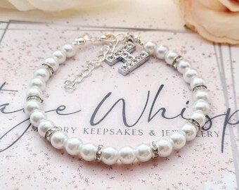 Personalised White Pearl Rhinestone Initial Bracelet: Bridesmaid Wedding Jewellery Gift