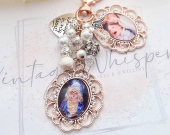 Rose Gold Memorial Double Photo Lace Edge Bouquet Charm With Beaded Cluster, Memory Photo Wedding Keepsake Charm, Rhinestone Tiered Pendant