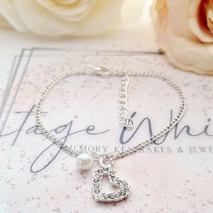 Thank You Bridesmaid Silver Plated Rhinestone Heart Charm Bracelet with White Pearl Adjustable Chain Bridesmaid Charm Bracelet Wedding Gift image 2