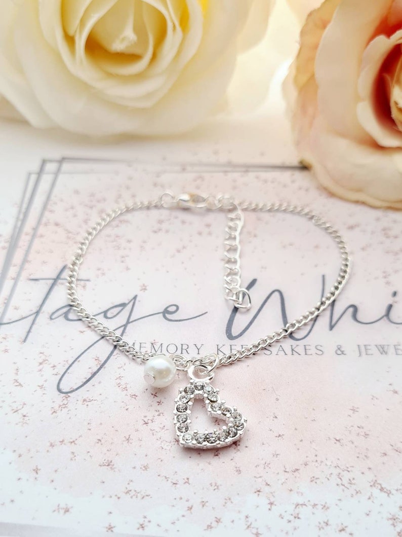 Thank You Bridesmaid Silver Plated Rhinestone Heart Charm Bracelet with White Pearl Adjustable Chain Bridesmaid Charm Bracelet Wedding Gift image 2