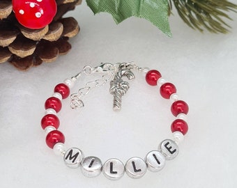 Personalised Christmas Candy Cane Name Beaded Adjustable Bracelet Red and White Charm Bracelet Stocking Filler Gift Christmas Bracelet Gift