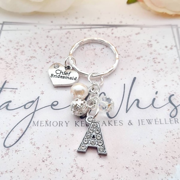 CHIEF BRIDESMAID Personalised Rhinestone Initial Heart Key Ring Charm Wedding Gift Charm Colour Matched Thank you Wedding Gift Proposal Gift