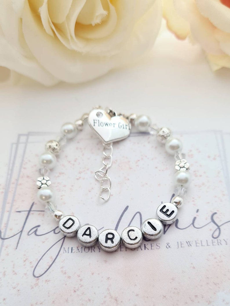 Personalised Flower Girl or Bridesmaid Name Beaded Adjustable Bracelet, Bridesmaid Charm Bracelet, Flower Girl Gift, Wedding Bracelet Gift image 8