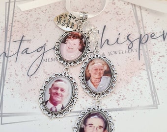 Wedding Memorial 4 Photo Bouquet Charm Tiered With Filigree Edge Frame Memory Wedding Photo Charm Bouquet Charm Photo Pendant Four Photos