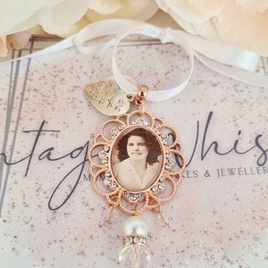 Rose Gold Bouquet Charm with Lace Edge Rhinestone Frame Memory Photo Charm Wedding Charm Bouquet Memory  Keepsake Photo Pendant Bridal Charm