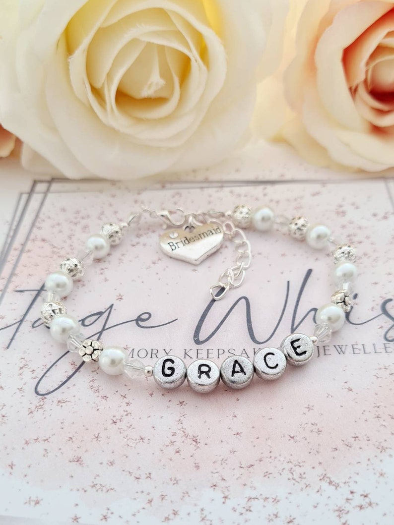 Personalised Flower Girl or Bridesmaid Name Beaded Adjustable Bracelet, Bridesmaid Charm Bracelet, Flower Girl Gift, Wedding Bracelet Gift image 4