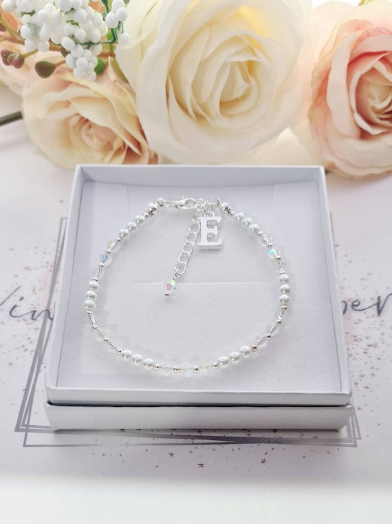 Dainty White Pearl and Clear Crystal Wedding Bracelet Personalised
