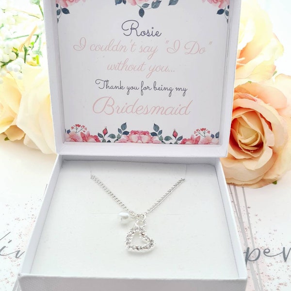 Thank You Necklace Silver Plated Rhinestone Heart Charm with White Pearl Adjustable Chain Bridesmaid Maid of Honour Flower Girl Wedding Gift