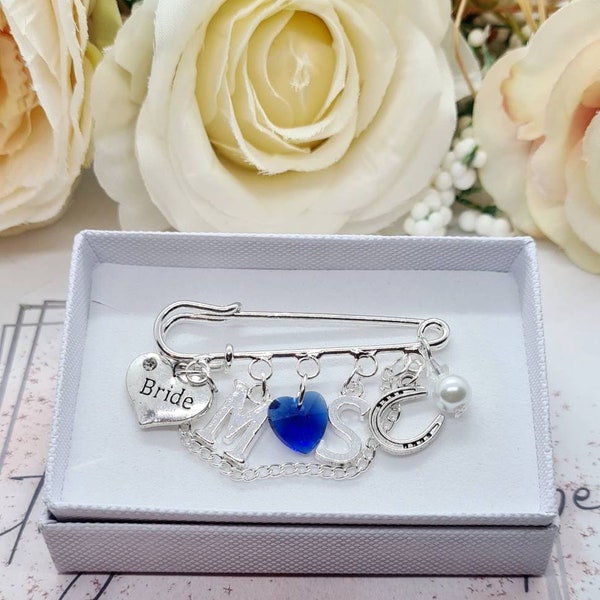 Something Blue Couple Initial wedding bridal pin kilt pin with charms blue crystal heart Bride lucky horse shoe personalised pin wedding day