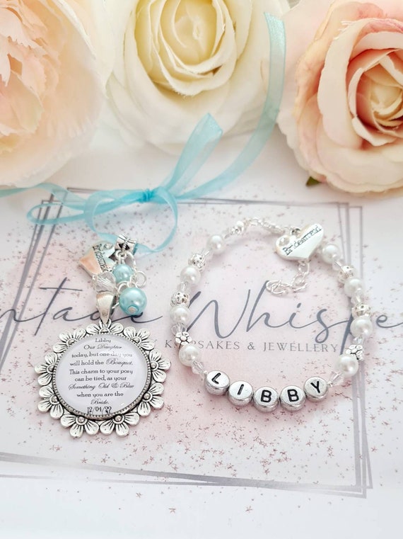 Personalised Flower Girl or Bridesmaid Name Bracelet and Posy
