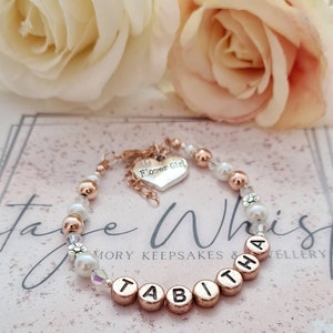 Personalised Rose Gold Flower Girl or Bridesmaid Name Beaded Adjustable Bracelet, Bridesmaid Charm Bracelet, Flower Girl Gift, Wedding Gift