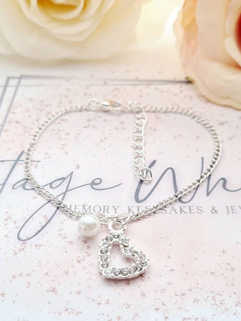 Thank You Bridesmaid Silver Plated Rhinestone Heart Charm Bracelet with White Pearl Adjustable Chain Bridesmaid Charm Bracelet Wedding Gift image 3