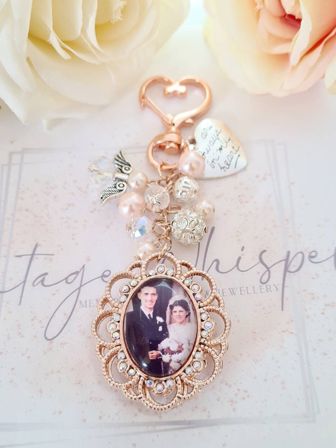 Wedding Bouquet Photo Memory Charm - Wedding Bouquet Charm Pearl Connector with Plain Border