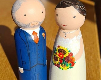 Wooden Peg Wedding Cake Topper Bride Groom Painted Just Like You Colour Matched Suit Dress Wedding Couple