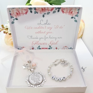 Personalised Flower Girl or Bridesmaid Name Bracelet and Posy Charm Gift Box Wedding Set Bracelet Pendant Something Old Heirloom Keepsake