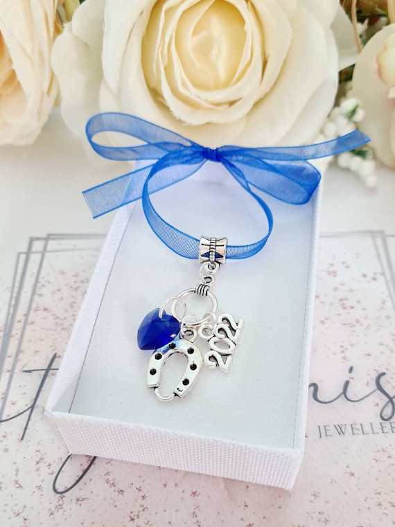 Something Blue Crystal Horse Shoe & Heart Bride Garter/ Bouquet/ Bracelet Gift 