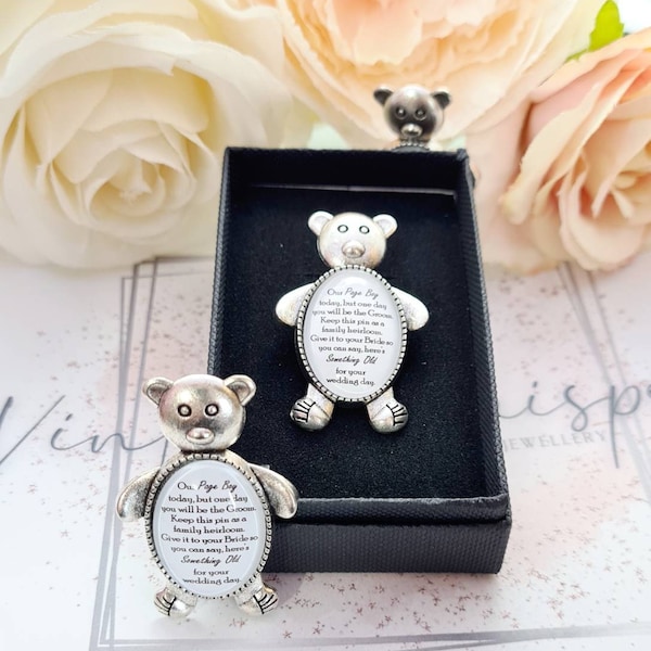 Page Boy Personalised Teddy Bear Pin Wedding Keepsake Gift Ring Bearer Page Boy Flower Girl Something Old Heirloom Keep Sake Brooch Gift