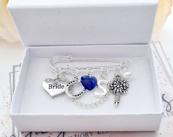 Something Blue wedding bridal pin kilt pin with charms blue crystal heart Bride lucky horse shoe horseshoe personalised pin for wedding day