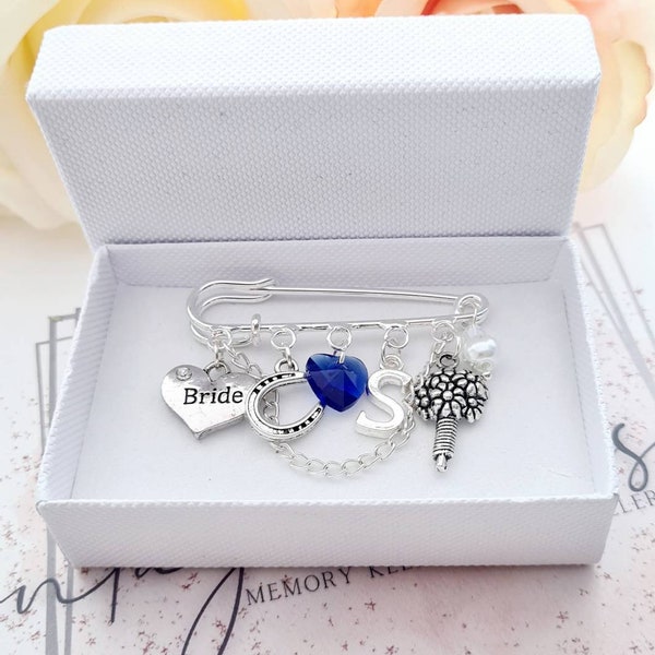 Something Blue wedding bridal pin kilt pin with charms blue crystal heart Bride lucky horse shoe horseshoe personalised pin for wedding day