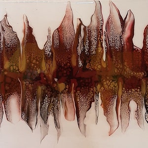 May include: Abstract painting with a flowing, wave-like design in shades of brown, red, and white. The paint has a textured, almost bubbly appearance.