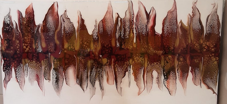 May include: Abstract painting with a flowing, wave-like design in shades of brown, red, and white. The paint has a textured, almost bubbly appearance.