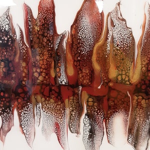 May include: Abstract painting with a fluid, flowing design. The painting features a series of red, brown, and gold shapes that resemble flames or waves. The shapes are outlined in black and white, creating a textured effect. The background is white.