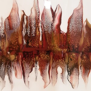 May include: Abstract painting with a white background and a design of red, brown, and gold flowing lines that resemble flames.