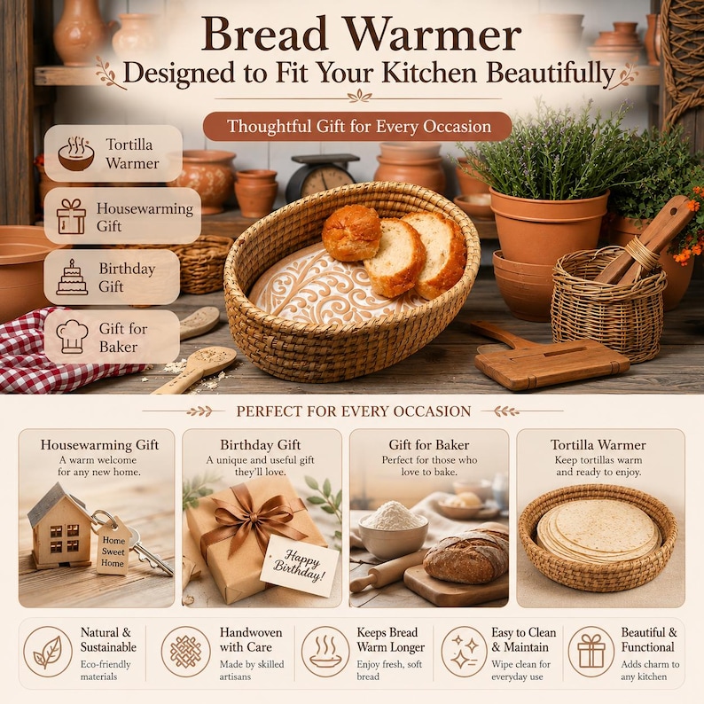 Puede incluir: Una cesta ovalada de rat&aacute;n tejida a mano para calentar pan, con rebanadas de pan sobre un forro de tela estampado. La imagen incluye etiquetas de texto como Bread Warmer, Tortilla Warmer, Housewarming Gift e iconos descriptivos.