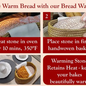 Puede incluir: Un set para calentar pan que incluye una piedra cer&aacute;mica ovalada con un patr&oacute;n floral en relieve y una cesta tejida a mano. Las instrucciones muestran c&oacute;mo calentar la piedra en el horno a 175&deg;C durante 10 minutos para mantener el pan caliente.