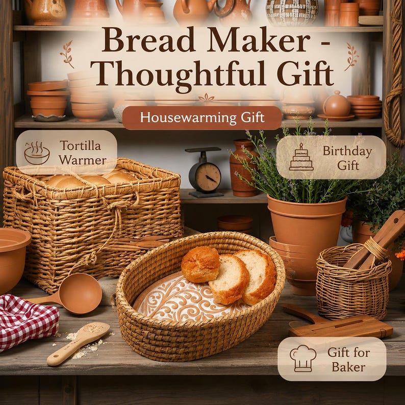Puede incluir: Una colecci&oacute;n de art&iacute;culos de cocina que incluye una cesta tejida rectangular, una cesta tejida ovalada con pan en rodajas, una maceta de terracota con vegetaci&oacute;n, una cuchara de madera, un pa&ntilde;o a cuadros rojo y blanco y una tabla de cortar de madera.