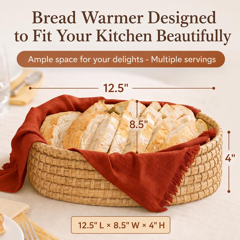 Puede incluir: Una cesta redonda tejida con pan en rodajas, forrada con un pa&ntilde;o de color &oacute;xido. El texto dice: Bread Warmer Designed to Fit Your Kitchen Beautifully. Ample space for your delights - Multiple servings. Las dimensiones son 31,75 cm de largo, 21,59 cm de ancho y 10,16 cm de alto.