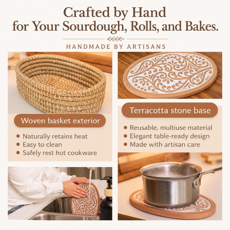 Puede incluir: Una cesta ovalada tejida y una base de piedra de terracota con un intrincado patr&oacute;n floral blanco. La imagen incluye texto: Crafted by Hand for Your Sourdough, Rolls, and Bakes. Handmade by Artisans. Woven basket exterior. Terracotta stone base.