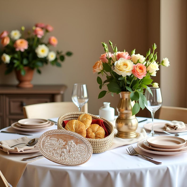 Puede incluir: Una mesa de comedor redonda con mantel blanco, que presenta un jarr&oacute;n de lat&oacute;n con rosas color melocot&oacute;n y crema, una cesta tejida con tres cruasanes dorados, dos copas de vino, platos apilados y una bandeja ovalada de cer&aacute;mica con relieve floral.
